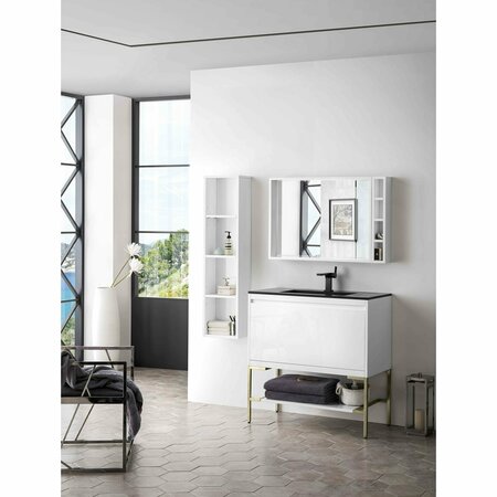 James Martin Vanities 35.4'' Single Vanity, Glossy White, Champagne Brass Base w/ Charcoal Black Composite Stone Top 805-V35.4-GW-CB-CH